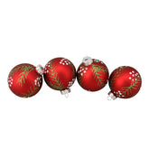 4ct Matte Red With Pine Needles Glass Christmas Ball Ornaments 3.25" (80mm)